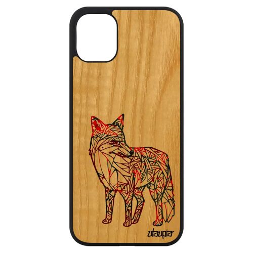 Coque pour iPhone 11 bois silicone renard etui animal polaire azteque tribal dessin renardeau ethnique noir multicolore petit