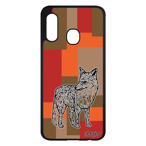Coque Samsung Galaxy A20e Silicone Renard Etui Original Tribal Futé Dessin Azteque Couleur Marron Animaux Roux Geometrique Cube De