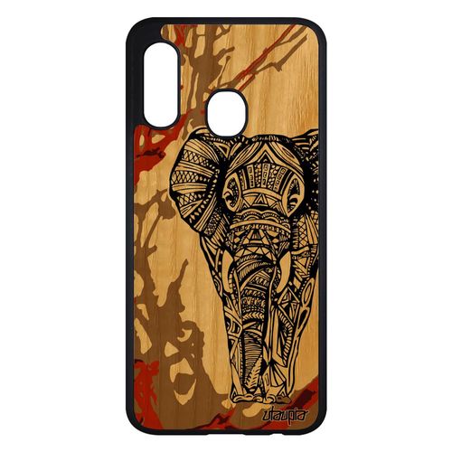 Coque Elephant De Protection Pour Samsung Galaxy A20e En Bois Et Silicone Marron Telephone Ethnique Animal Tribal Graphique Antichoc