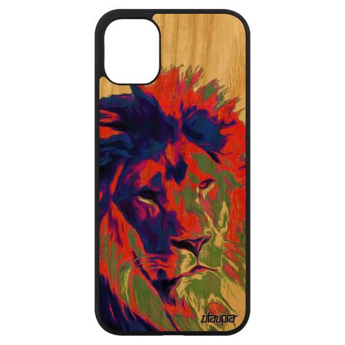 Coque bois lion iPhone 11 silicone animaux felin pochoir peinture roi street art housse telephone lionne motif animal orange