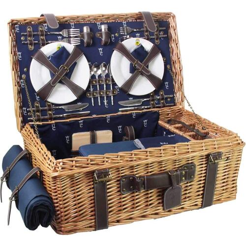 Les Jardins De La Comtesse Panier De Pique-Nique En Cuir Et Osier Rondin - Bleu Champs-Elysées - Panier Tout Équipé - 4 Personnes Picnic