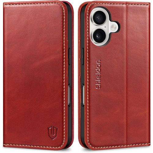 Etui Cuir Véritable pour iPhone 17 6,3 Pouces 5G 2025, Coque RFID Blocage, Fente pour Carte, Fonction Support, TPU Protection Efficace, Antichoc, Housse - Rouge Rétro