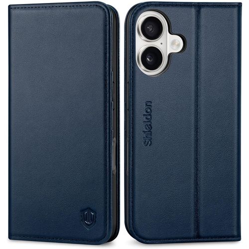 Etui Cuir Véritable Pour Iphone 17 6,3 Pouces 5g 2025, Coque Rangements Cartes, Rfid Blocage, Fonction Support, Protection Maximale, Housse Portefeuille - Bleu Marine