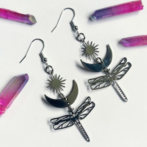 Boucles D'oreilles Étoile Et Lune, Boucles D'oreilles Libellule, Style Bohème, En Argent