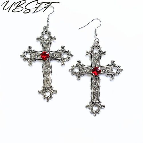 Grandes Boucles D'oreilles En Forme De Croix Détaillées, Bijou En Argent, Style Gothique, Punk, À La Mode, Cadeau Pour Femme