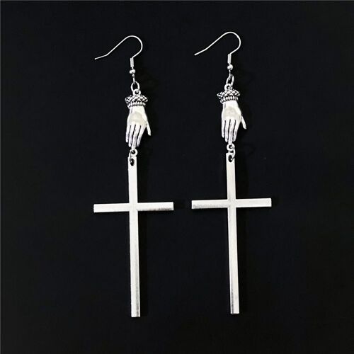 Boucles D'oreilles Pendantes En Argent Tibétain, Chauve-Souris Crucifix, Boucles D'oreilles À La Main Gothiques, Une Paire De Bijoux