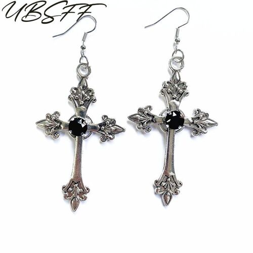 Grandes Boucles D'oreilles En Forme De Croix Détaillées, Bijou En Argent, Style Gothique, Punk, À La Mode, Cadeau Pour Femme
