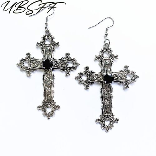 Grandes Boucles D'oreilles En Forme De Croix Détaillées, Bijou En Argent, Style Gothique, Punk, À La Mode, Cadeau Pour Femme