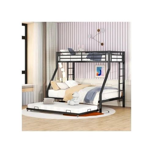 Lit Superposé En Métal Avec Lit Escamotable, Avec Échelle Des Deux Côtés, 90(140)X200 Cm, Noir