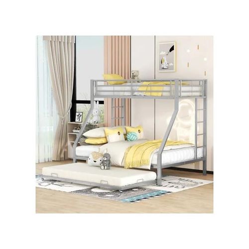 Lit Superposé, Lit En Métal Facile À Assembler Avec Lit Escamotable, 90(140)X200 Cm, Couleur Argentée
