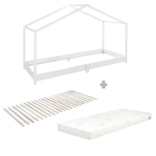 Lit Cabane Au Sol 90 X 200 Cm - Roba - Lit Montessori Avec Matelas Roulé Et Sommier À Lattes - Blanc