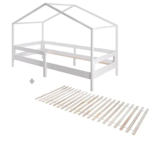 Lit Cabane Enfant 90x200 - ROBA - Design Montessori - Barrière de Sécurité - Bois Massif - Blanc