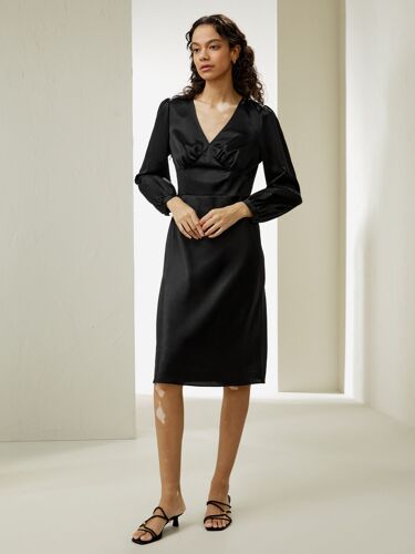 Lilysilk Robe En Soie Chic Noir Bonnets Plissés Et Poignets Bouffants 100% Soie Naturelle Bonne Qualité Lavable En Machine 40