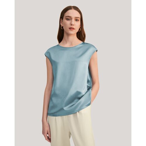 Lilysilk T Shirt Soie Femme Col Rond, Manches Courtes 100% Soie De Mûrier Léger Et Respirant T-Shirt Bleu Vapeur M