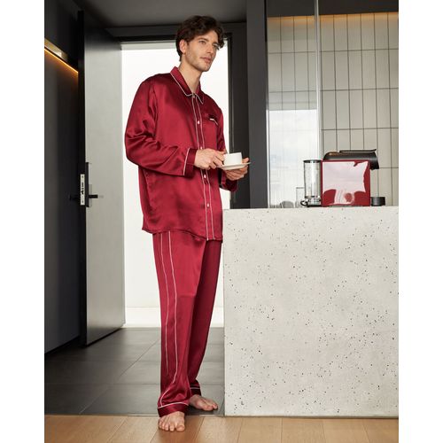Lilysilk Pyjama Soie Rouge Homme Rouge Vineux Col À Revers, Boutons En Nacre 100% Soie Naturellement Antibactérien Pyjama L