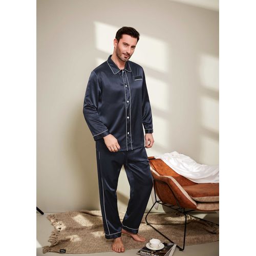 Lilysilk Ensemble Pyjama En Soie Homme Bleu Marine Col À Revers, Boutons En Nacre 100% Soie Pure Maintient L'hydratation Pour Mieux Dormir Xl