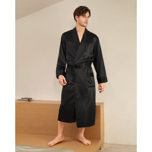 Lilysilk Peignoir Soie Long Homme Noir Bordure Noire, Poches & Ceinture 100% Soie Pure Maintient L'hydratation Pour Mieux Dormir Xs