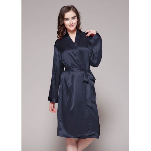 Lilysilk Peignoir Femme Soie Long Bleu Marine Banded Cuffs, Ceinture En Soie 100% Soie Naturelle Sans Produits Chimiques Nocifs Xl