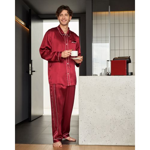 Lilysilk Pyjama Soie Homme Rouge Vineux Col À Revers, Boutons En Nacre 100% Soie Pure Léger Et Résistant Aux Rides Pyjama S