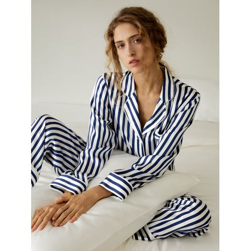 Lilysilk Pyjama En Soie Rayures Bleu-Blanc Taille Réglable Avec Soie Cravate 100% Soie Naturellement Antibactérien Xs