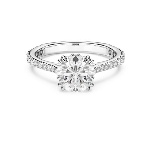 Bague Cocktail Constella, Taille Ronde, Pavé, Blanche, Métal Rhodié