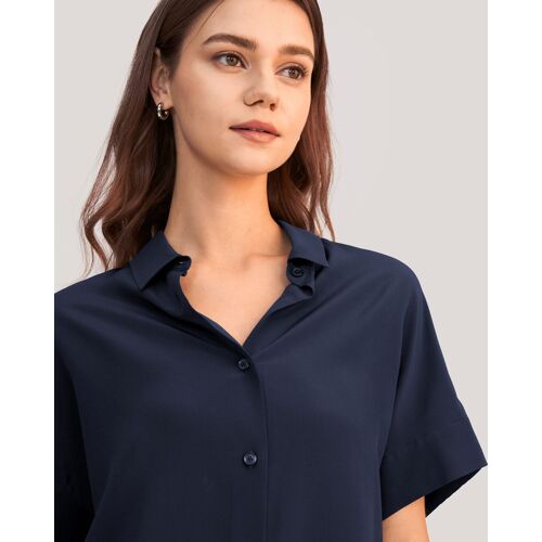 Lilysilk Tee Shirt Soie Femme Manches Courtes, Bouton Classique 100% Soie De Mûrier Régulation De La Température Chemises Bleu Marine M