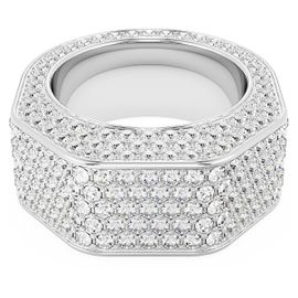 Bague Cocktail Dextera, Forme Octogonale, Pavé, Blanche, Métal Rhodié