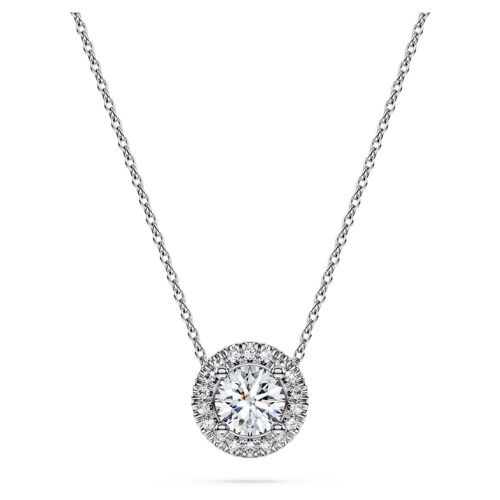 Pendentif Solitaire Halo Eternity, Diamants De Synthèse 0,59 Ct Tw, Forme Ronde, Or Blanc 18 Carats