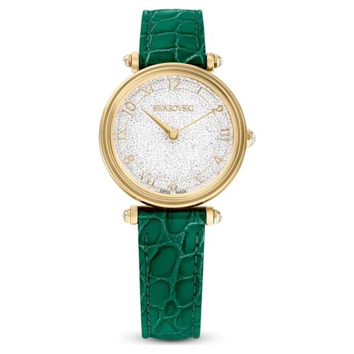 Montre Crystalline Wonder, Fabriqué En Suisse, Bracelet En Cuir, Verte, Finition Ton Doré