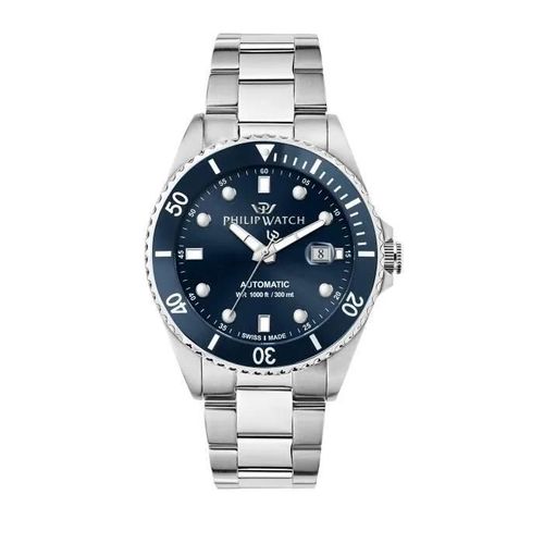 Montre Pour Homme - Philip Watch - Caribe 42mm Auto 3h - Bracelet En Acier - Cadran Bleu - Etanche 3 Atm