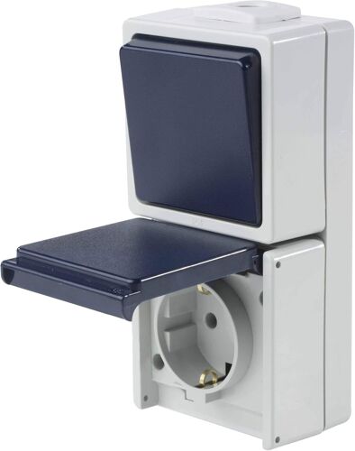 Interrupteur à bcule en saillie Interrupteur à bcule robuste (230 V/10 A/16 A) pour espace humide et extérieur IP54 Gris clair/bleu Fabriqué en Allemagne I 62455