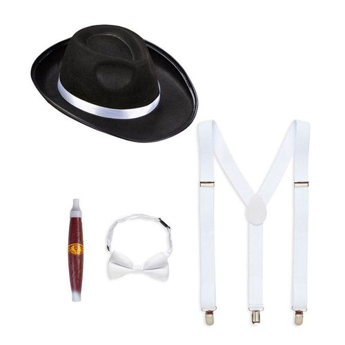Kit Gangster Noir Et Blanc : Chapeau, Bretelles, Noeud Papillon Et Tabac
