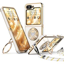 Coque pour Samsung Galaxy Z Flip 5 / Flip 6, avec Double Anneau de Support Coeur, avec Lanière pour Filles et Femmes, Coque de Protection Luxe Mignonne et Scintillante, Blanc