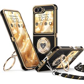 TZF-Coque pour Samsung Galaxy Z Flip 5 / Flip 6, avec Double Anneau de Support Coeur, avec Lanière pour Filles et Femmes, Coque de Protection Luxe Mignonne et Scintillante, Noir