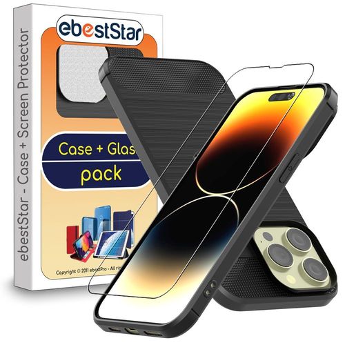 Ebeststar - Coque + Film D'écran En Verre Trempé Iphone 14 Pro Housse Motif Fibre Carbone Premium, Noir [Dimensions Precises Smartphone : 147.5 X 71.5 X 7.9 Mm, Écran 6.1''] [Nb: Lire Description]