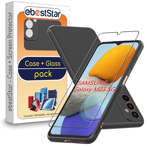 Ebeststar - Coque + Film D'écran En Verre Trempé Samsung Galaxy M23 5g, Galaxy M13 Housse Motif Fibre Carbone Design, Noir [Dimensions Precises Smartphone : 165.5 X 77 X 8.4 Mm, Écran 6.6''] [Nb: Lire Description]