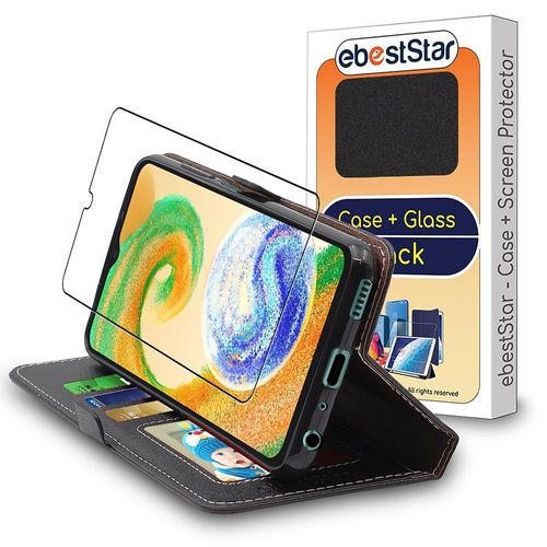 Ebeststar - Coque + Film D'écran En Verre Trempé Samsung Galaxy A04s Sm-A047f Etui Portefeuille Pu Cuir Porte-Cartes, Noir [Dimensions Precises Smartphone : 164.7 X 76.7 X 9.1 Mm, Écran 6.5''] [Nb: Lire Description]