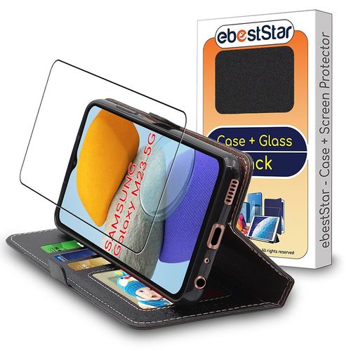 Ebeststar - Coque + Film D'écran En Verre Trempé Samsung Galaxy M23 5g, Galaxy M13 Etui Portefeuille Pu Cuir Porte-Cartes, Noir [Dimensions Precises Smartphone : 165.5 X 77 X 8.4 Mm, Écran 6.6''] [Nb: Lire Description]