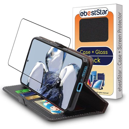 Ebeststar - Coque + Film D'écran En Verre Trempé Xiaomi 12t Pro, 12t 5g Etui Portefeuille Pu Cuir Porte-Cartes, Noir [Dimensions Precises Smartphone : 163.1 X 75.9 X 8.6 Mm, Écran 6.7''] [Nb: Lire Description]