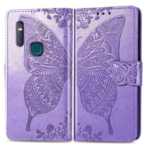 Vivo S1 Coque, Saturcase Papillon Gaufrage Pu Cuir Magnétique Flip Portefeuille Support Porte-Carte Protecteur Coque Housse Étui Avec Dragonne Pour Vivo S1 (Lavande)