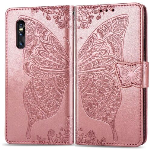 Vivo X27 Coque, Saturcase Papillon Gaufrage Pu Cuir Magnétique Flip Portefeuille Support Porte-Carte Protecteur Coque Housse Étui Avec Dragonne Pour Vivo X27 (Or Rose)