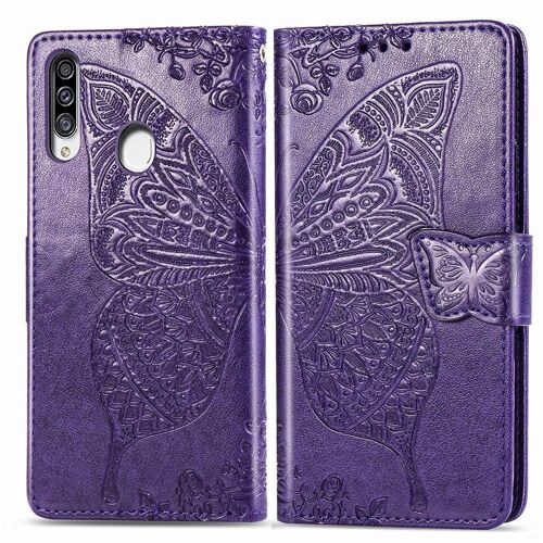 Samsung Galaxy A20s Coque, Saturcase Papillon Fleurs Pu Cuir Magnétique Flip Portefeuille Support Porte-Carte Protecteur Housse Étui Avec Dragonne Pour Samsung Galaxy A20s (Violet)