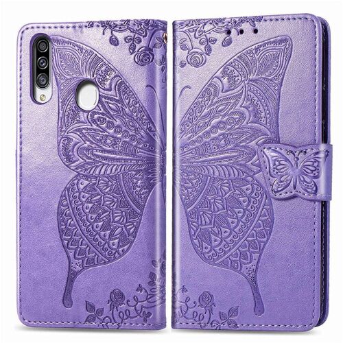 Samsung Galaxy A20s Coque, Saturcase Papillon Fleurs Pu Cuir Magnétique Flip Portefeuille Support Porte-Carte Protecteur Housse Étui Avec Dragonne Pour Samsung Galaxy A20s (Lavande)