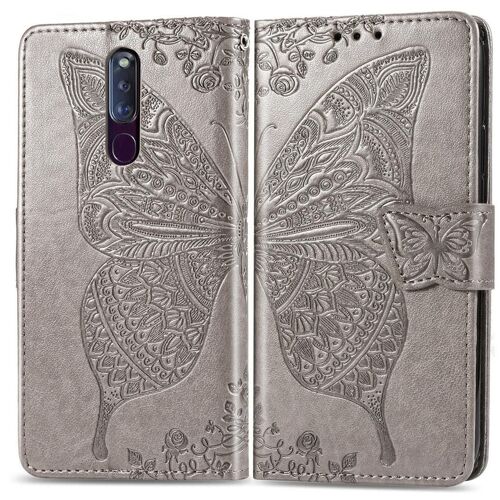 Oppo F11 Pro Coque, Saturcase Papillon Gaufrage Pu Cuir Magnétique Flip Portefeuille Support Porte-Carte Protecteur Coque Housse Étui Avec Dragonne Pour Oppo F11 Pro (Gris)