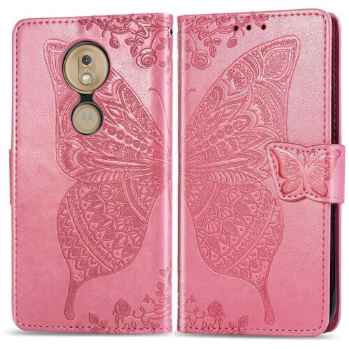 Motorola Moto G7 / G7 Plus Coque, SATURCASE Papillon Gaufrage PU Cuir Magnétique Flip Portefeuille Support Porte-carte Protecteur Coque Housse Étui avec Dragonne pour Motorola Moto G7 / G7 Plus (Rose)