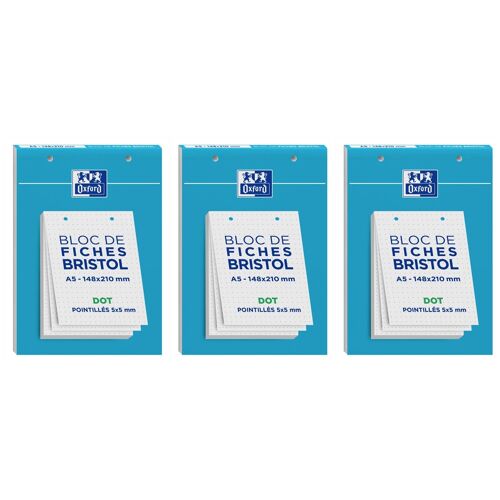Oxford Lot De 3 Blocs De 30 Fiches Bristol 148x210 Perforées Dot Blanc