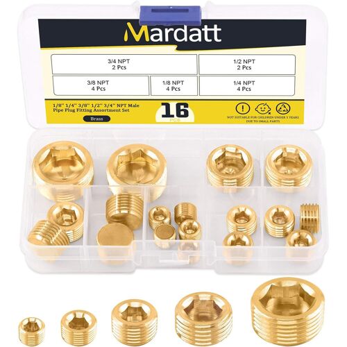 KALANKA-Assortiment de 16 bouchons NPT en laiton 5 tailles 0,3 cm, 1/4"", 3/8"", 1/2"", 3/4"", filetage mâle