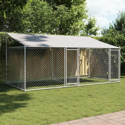 Cage Pour Chien Avec Toit Et Portes Gris 4x2x2 M Acier Galvanisé
