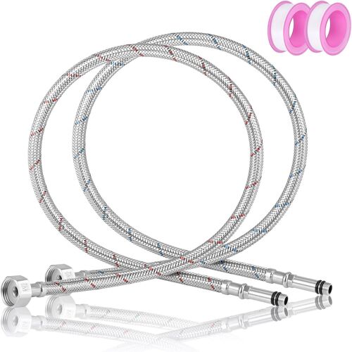 KALANKA-2 Pièces Tuyaux de Raccordement Flexibles, M10 x 80 cm 304 Tressé Acier Inoxydable Tubes, Flexible Sanitaire Inox avec Bande Détanchéité pour Robinets Mélangeurs, Douchette (G3/8)