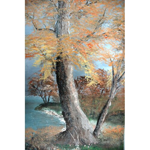Peinture Originale Signée Représentant Un Arbre Centenaire Près D'un Étang.